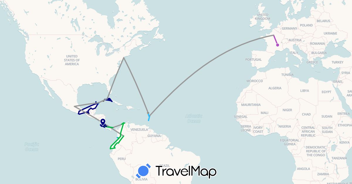 TravelMap itinerary: driving, bus, plane, train, boat, hitchhiking, motorbike in Colombia, Costa Rica, Cuba, Dominica, Ecuador, France, Guadeloupe, Martinique, Mexico, Panama, United States, Saint Vincent and the Grenadines (Europe, North America, South America)